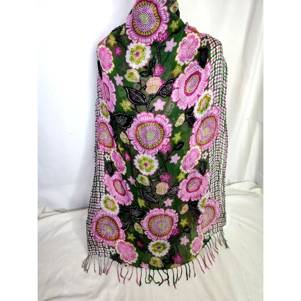 Vera Bradley Black Pink Green Floral 100% Rayon Light weigh Scarf Sarong 68